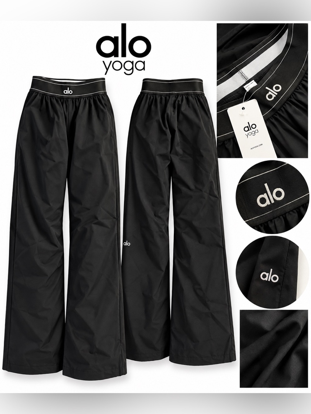 ALO Yoga Black Wide-Leg Track Pants with Logo Waistband